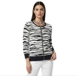 Ann Taylor Zebra Print Zip Cotton Cardigan Sweater M